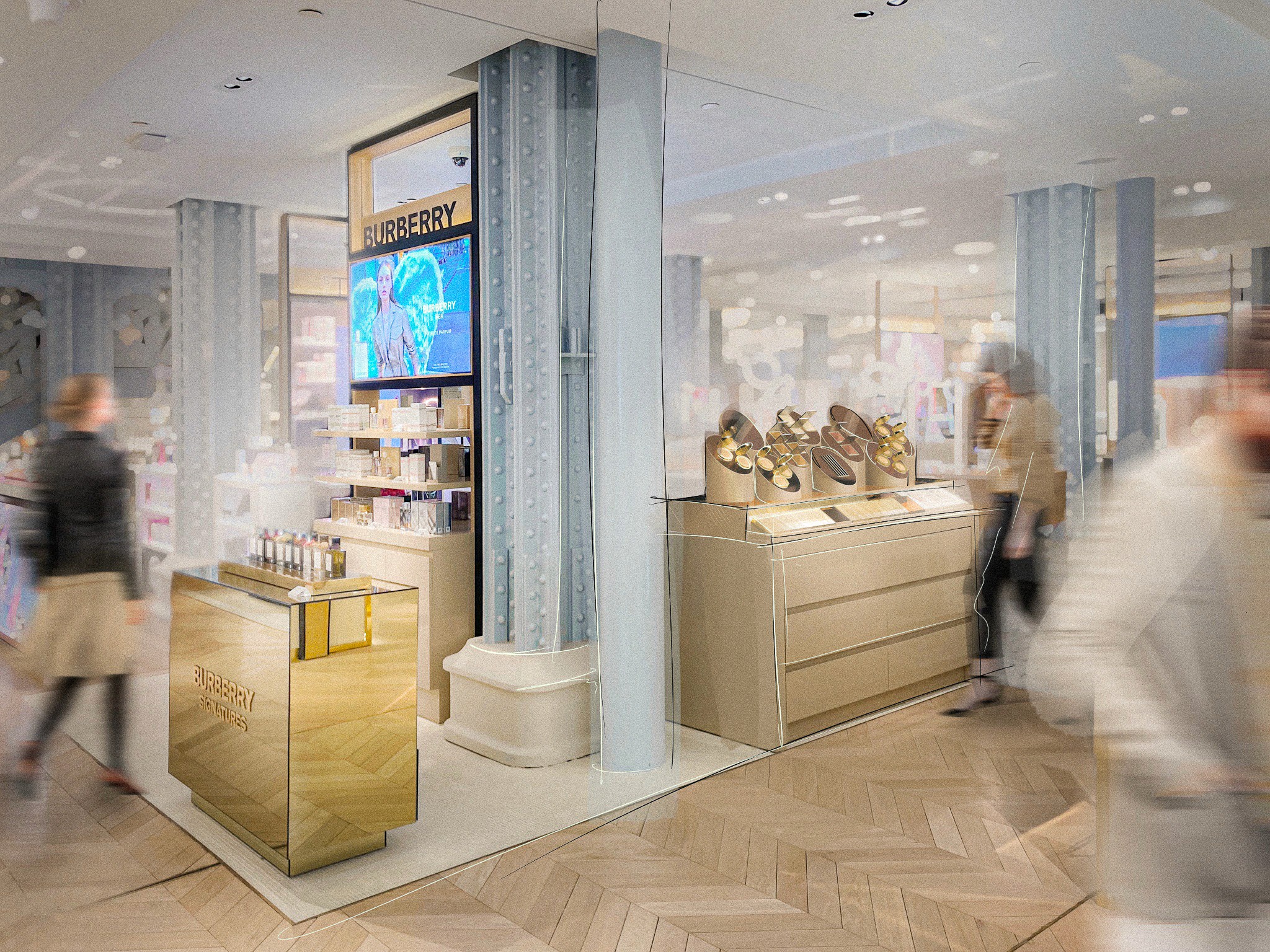 Architectural visualization by Lélio Bazin of a minimalist Burberry Beauty point-of-sale display, featuring a beige modular unit with product shelves and a golden mirror-finished counter within a bright retail interior.