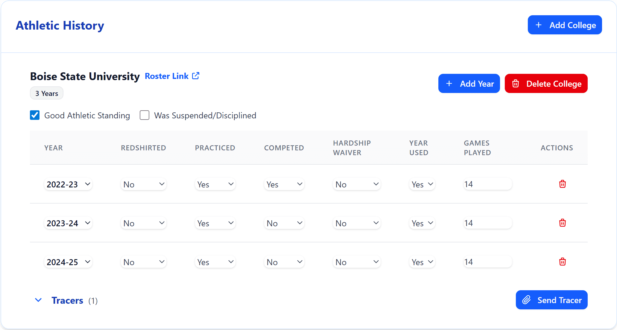 The playing history of a transfer athlete