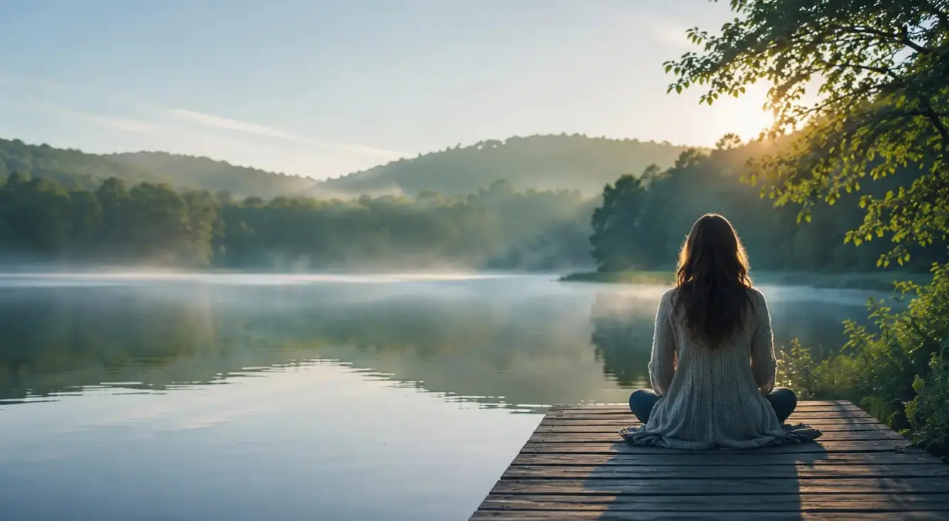 Woman sitting peacefully on a dock reflecting on mental health recovery