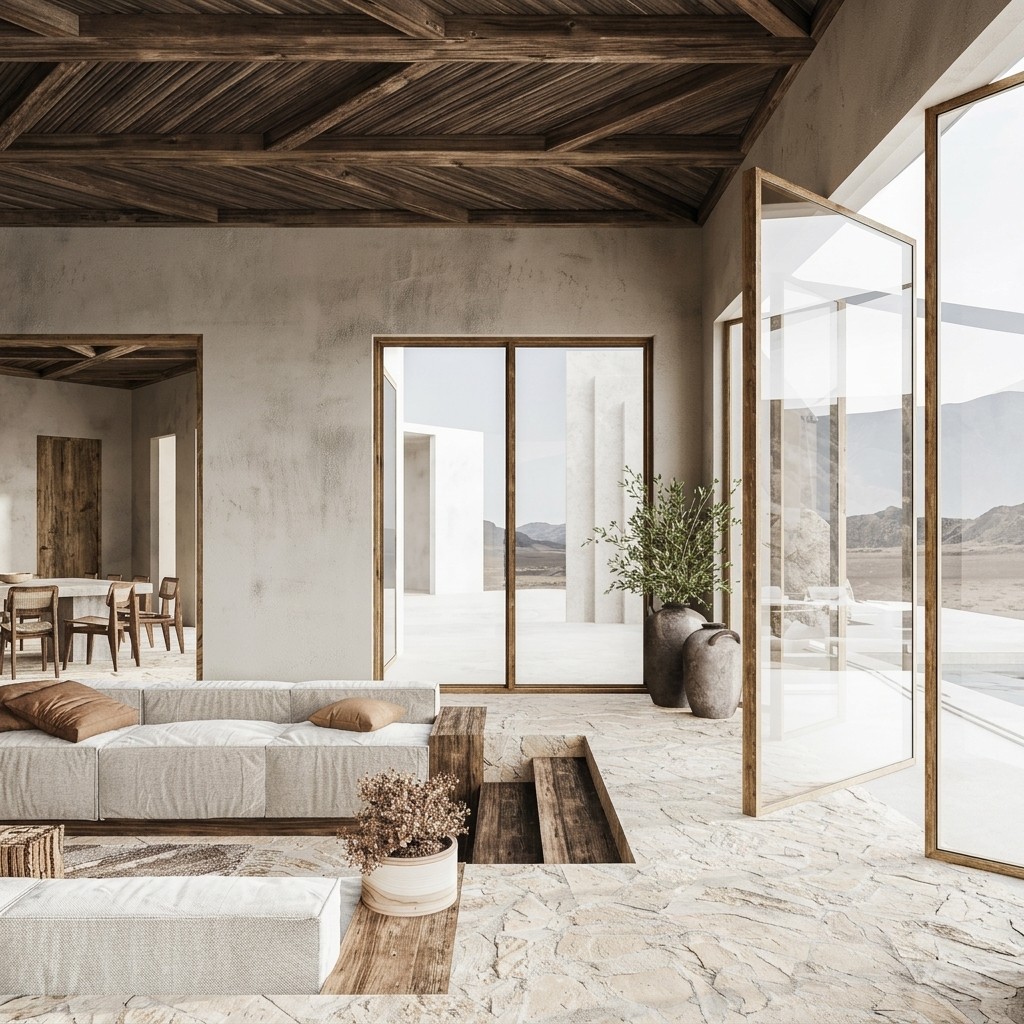 Modern desert home interior with stone floors, slatted wood ceiling, and large glass pivot doors.