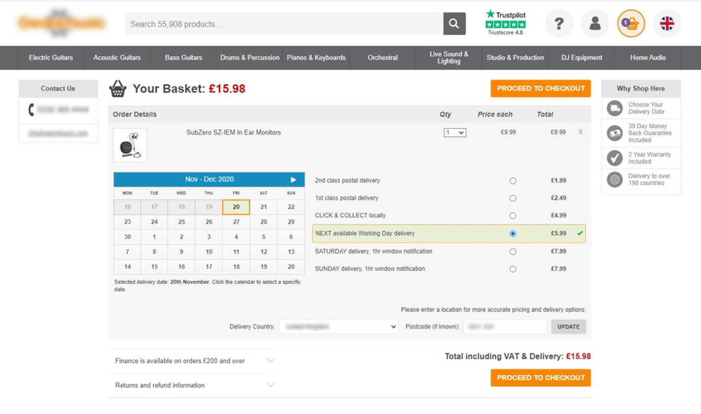 Online shopping checkout page showing delivery date and option