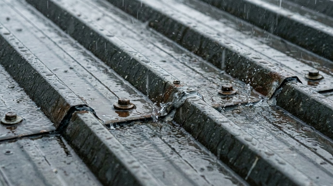 Metal roof leaks in heavy rain showing water on panels and seams