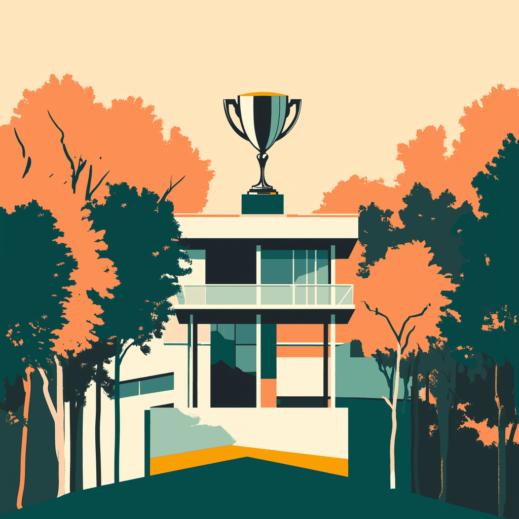 AI Generated image showing a trophy sitting on top of an office building in a stylized graphic.