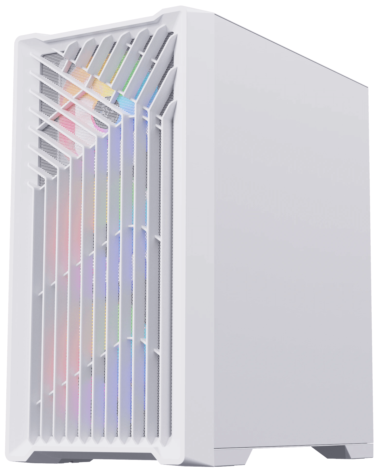 A white gaming PC tower with a unique, honeycomb-patterned front panel and RGB lighting. The colorful fans inside the tower are illuminated, showcasing the vibrant lights in a gradient pattern. This gaming PC build is ideal for performance and visual appeal, offering an advanced setup for gaming and machine learning configurations.