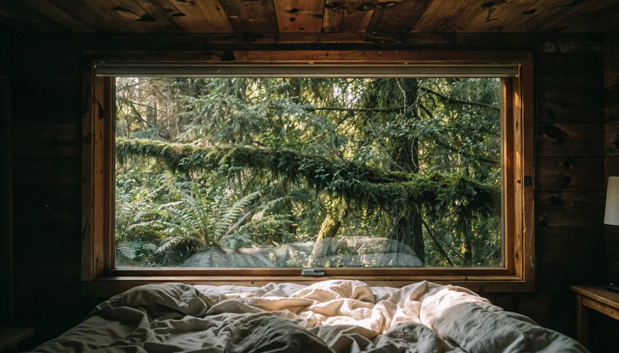 View from a lodge room bed through a large window overlooking a lush Pacific Northwest forest