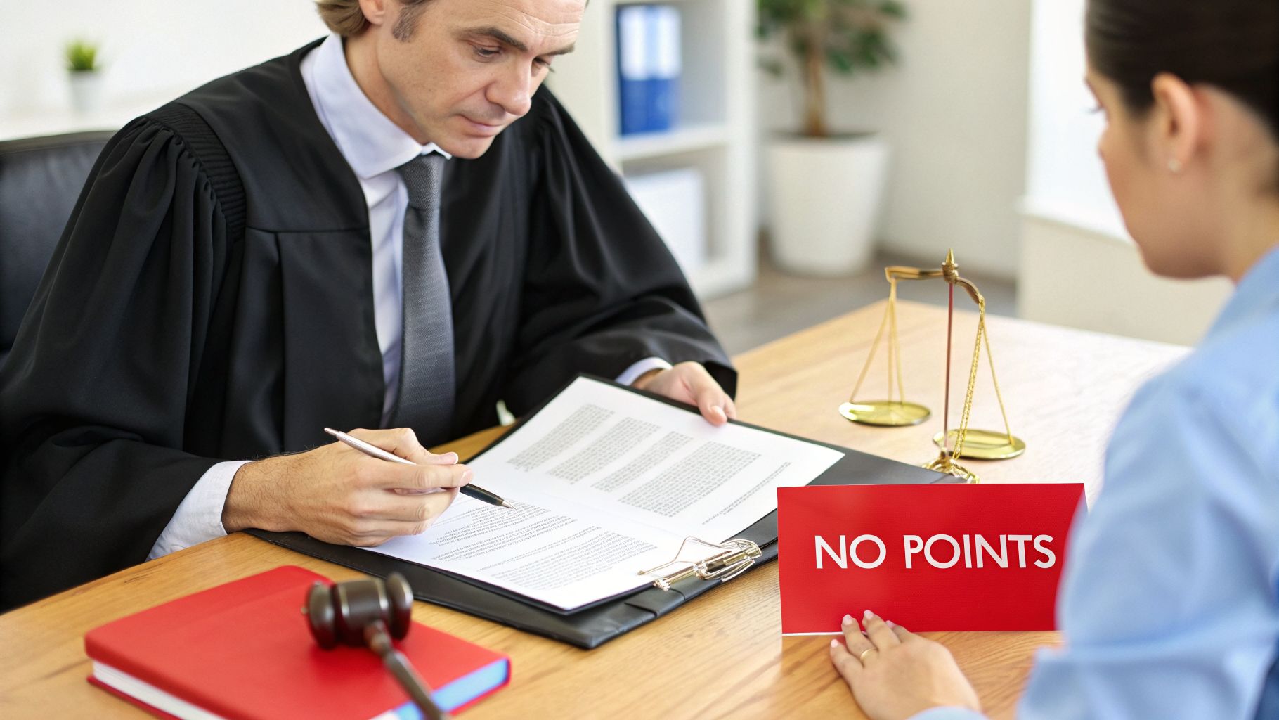 A judge in a black robe reviews legal documents with a client, displaying a 