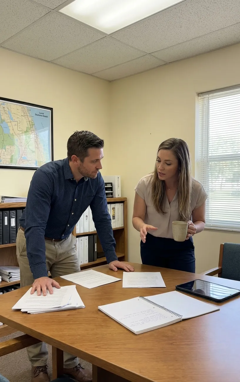 Two colleagues discuss digital marketing strategies at RockN' Socials agency.