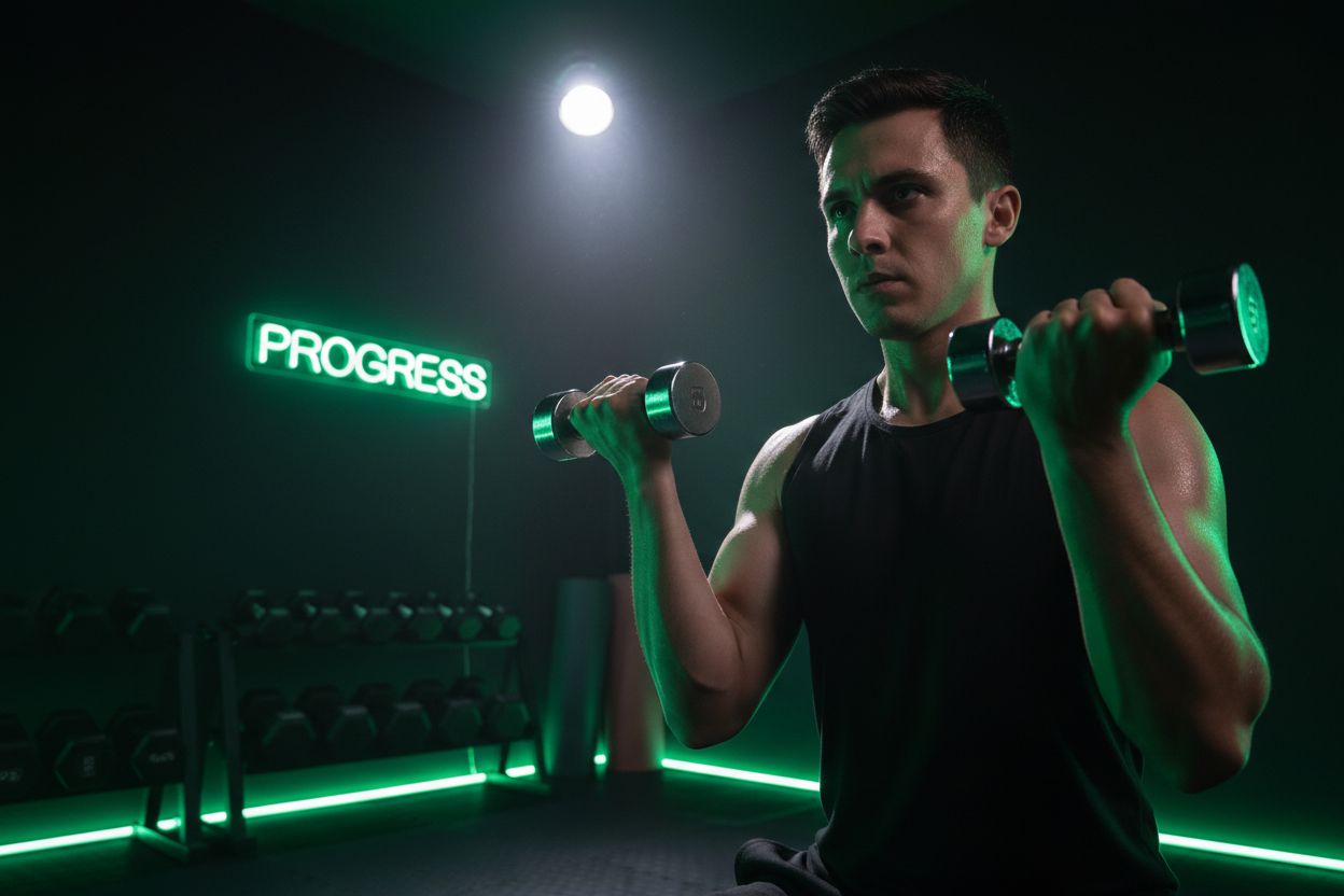 A beginner lifting light dumbbells in a home workout space