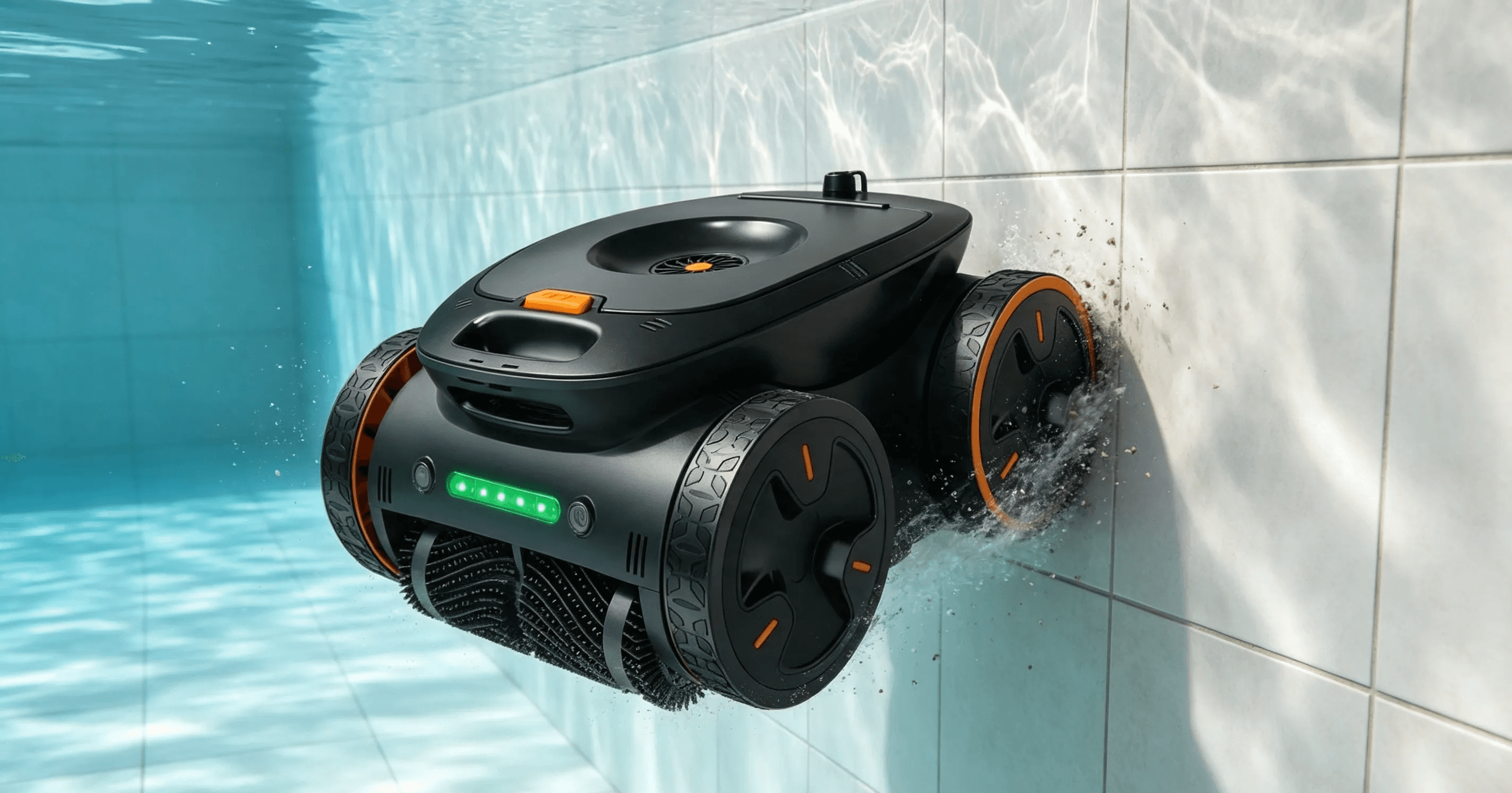 Robotic pool cleaner using wheels and brushes to climb a swimming pool wall