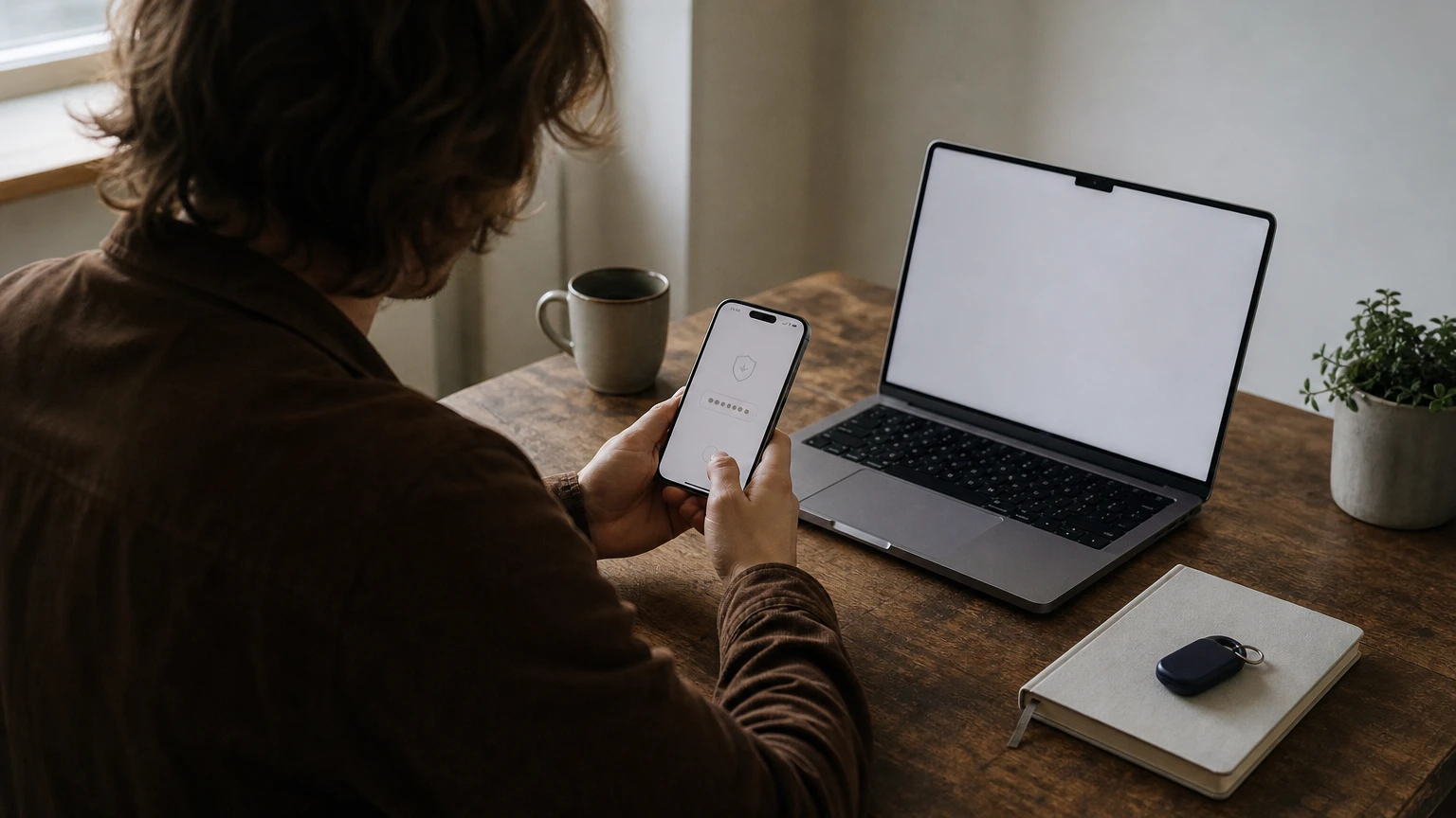 A person configures two-factor authentication on a phone while a password manager app is open on a laptop.