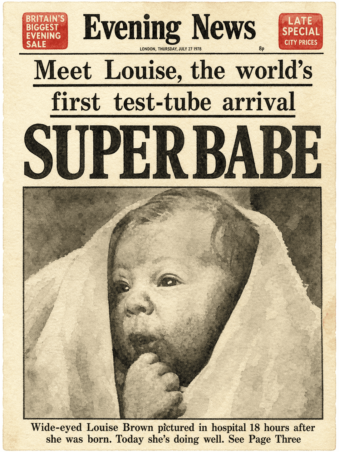 Watercolor rendering of the newspaper announcing the birth of Louise Brown