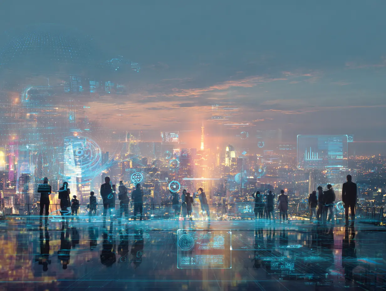 Group of modern Indian business leaders, digitally blended into a glowing cityscape, standing with tablets and devices among holographic data displays, suggesting collaboration and innovation.