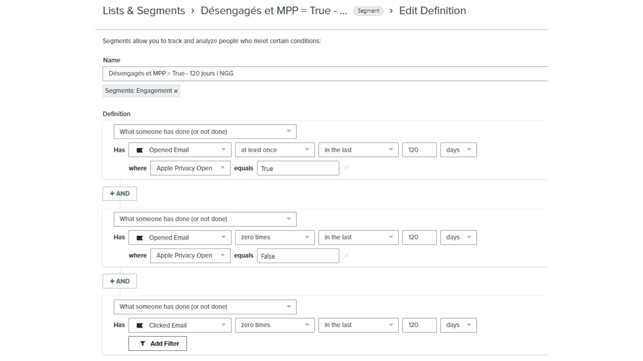 Segment Klaviyo des contacts Apple Mail non engagés (MPP)