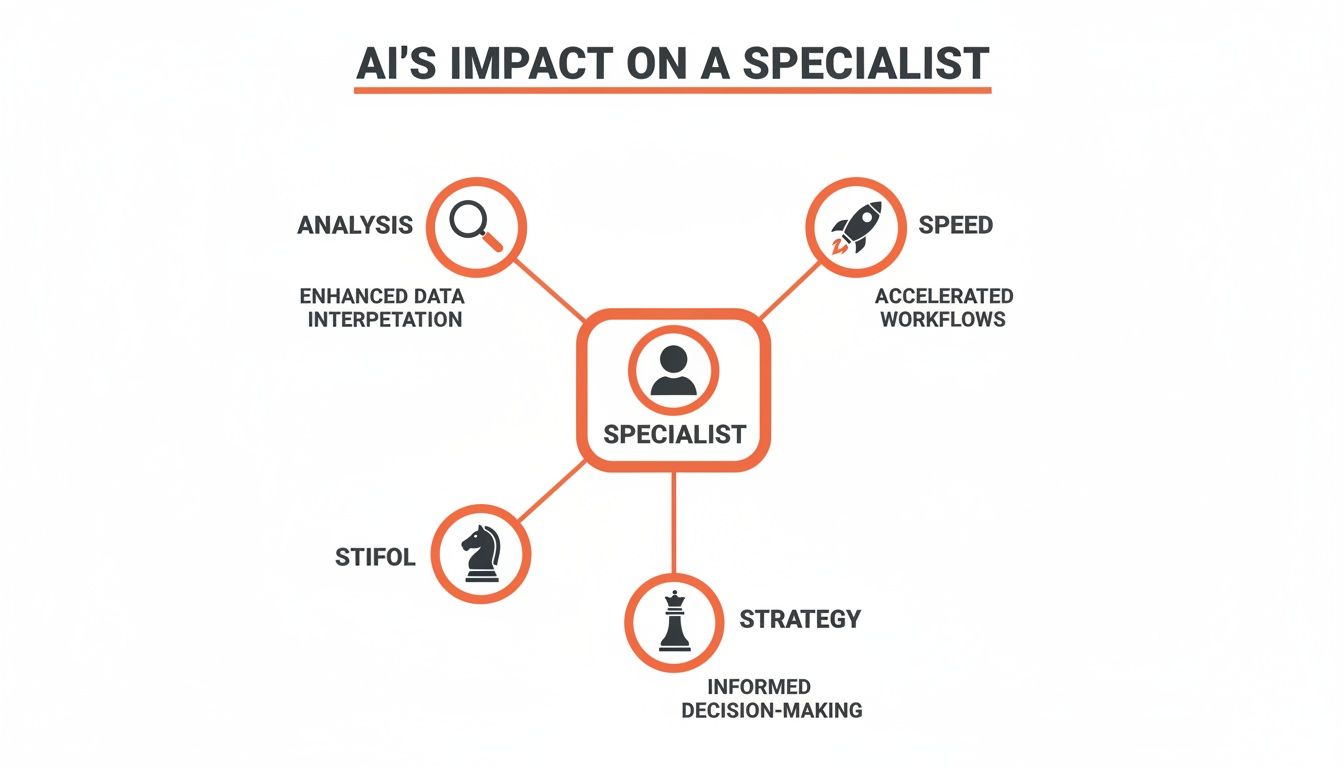 Diagram illustrating AI's impact on a specialist across analysis, speed, strategy, and STIFOL.