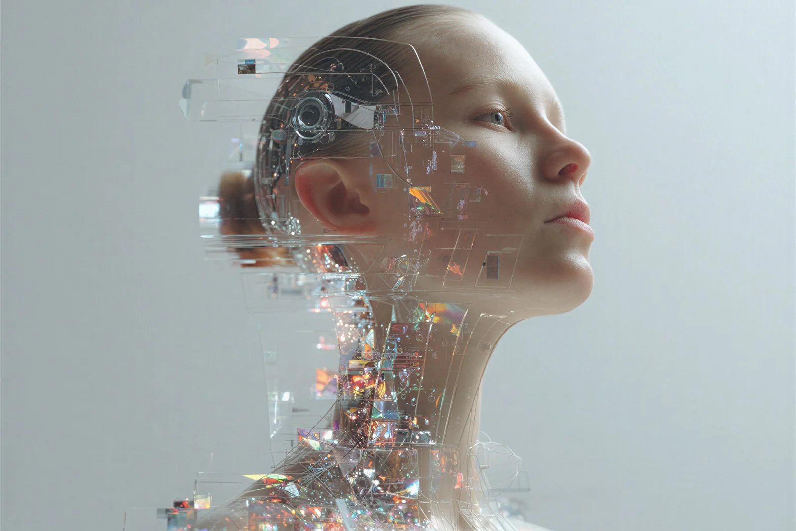 Figure whose body dissolves into glowing crystal fragments