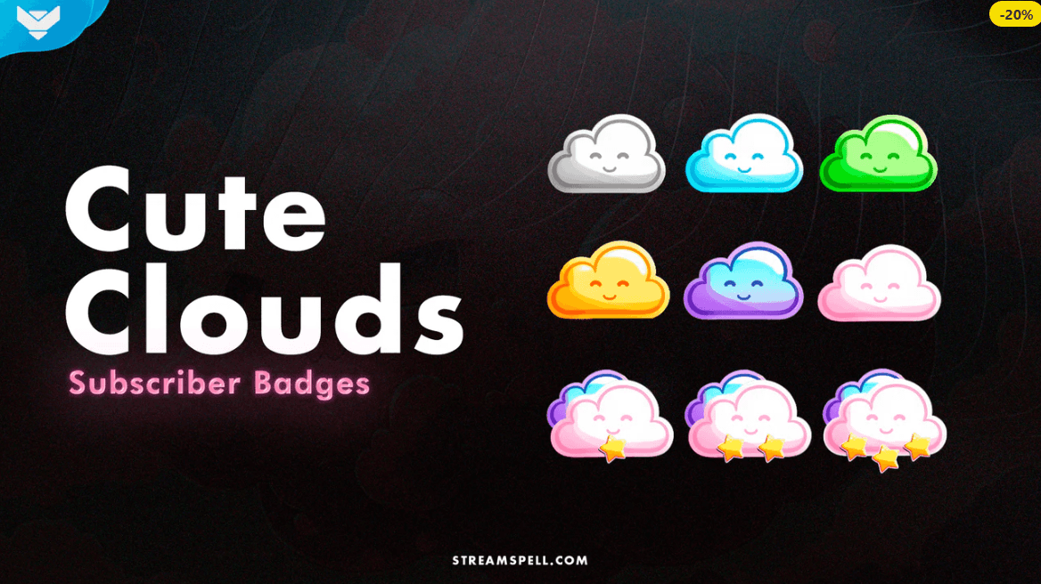 Cute Clouds Subscriber Badges preview – a set of 9 colorful cloud-shaped badges with happy faces and star details. Designed for Twitch, YouTube, Discord, and Facebook Gaming streamers who love cozy, kawaii, and playful aesthetics.