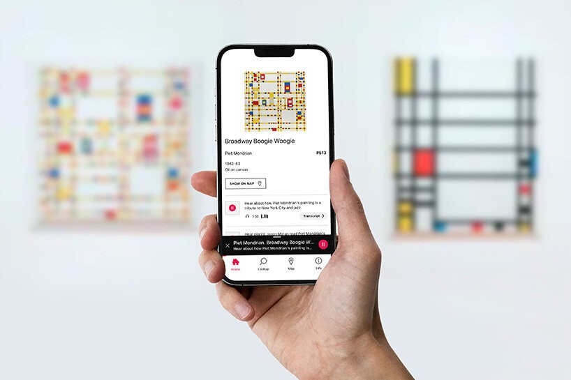 Hand holding a smartphone displaying Piet Mondrian's "Broadway Boogie Woogie" details, with blurred abstract art in the background. Modern and artistic tone.