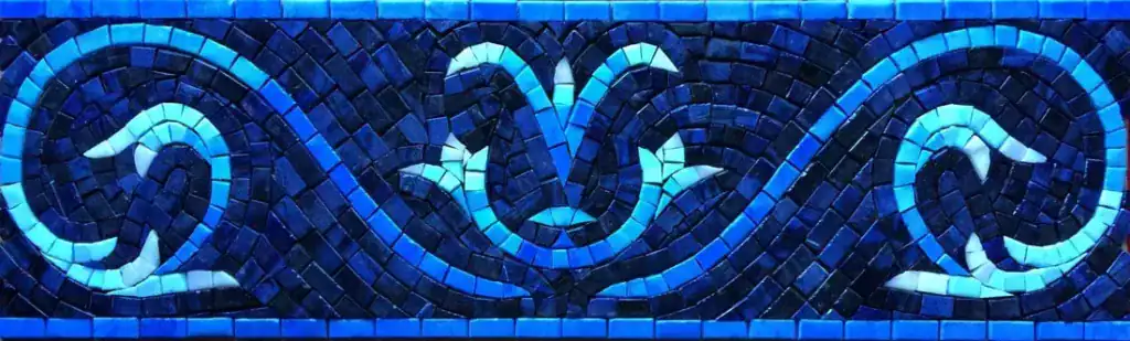 Cobalt Wave Scroll mosaic border, Cobalt and turquoise, hand-cut — reference H-10, Mosaiclegs Art Studio