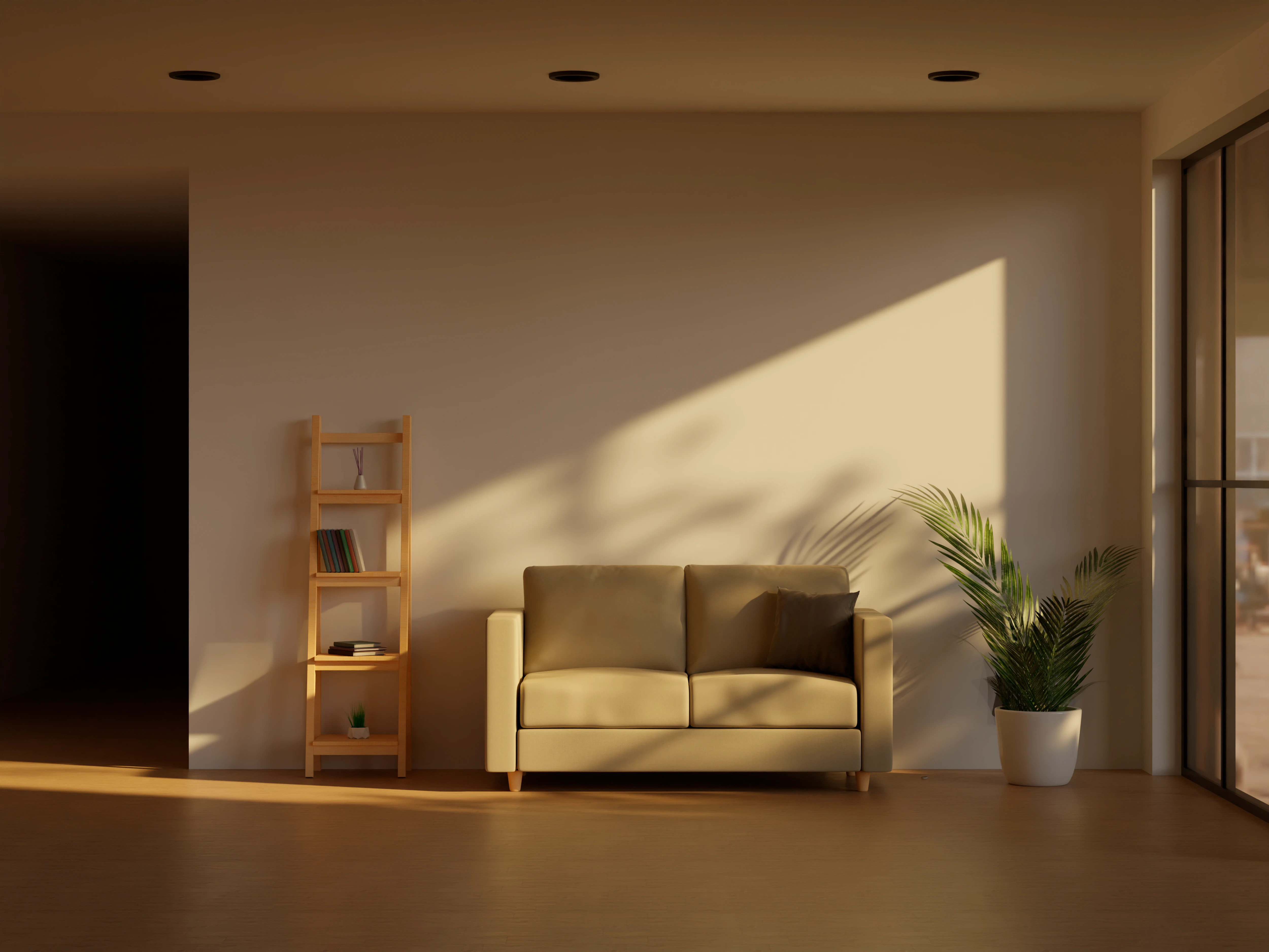 Cozy minimalist room corner featuring a wooden storage cabinet and a green houseplant.