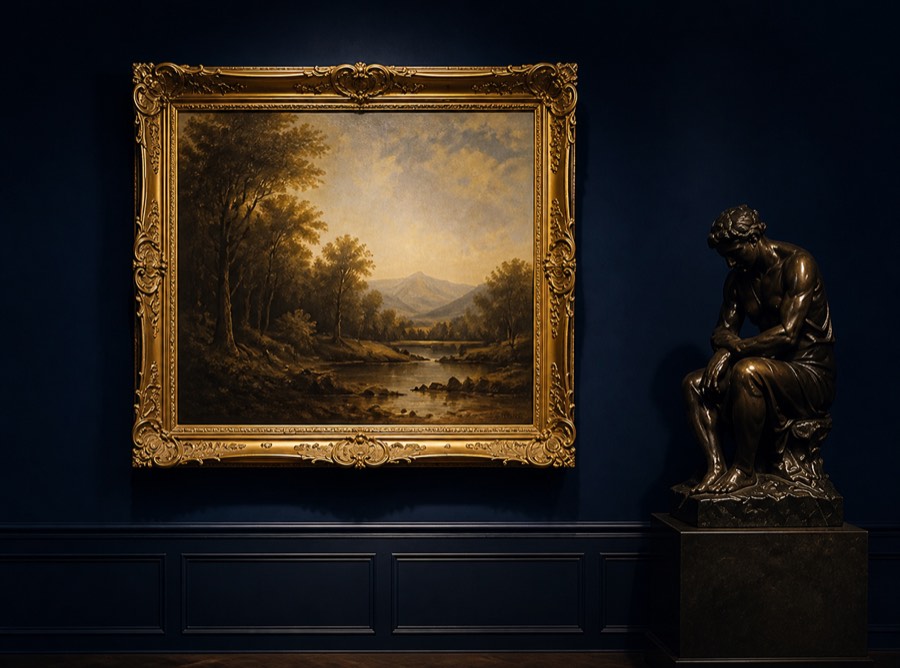 Gilded landscape painting and bronze sculpture in a navy gallery