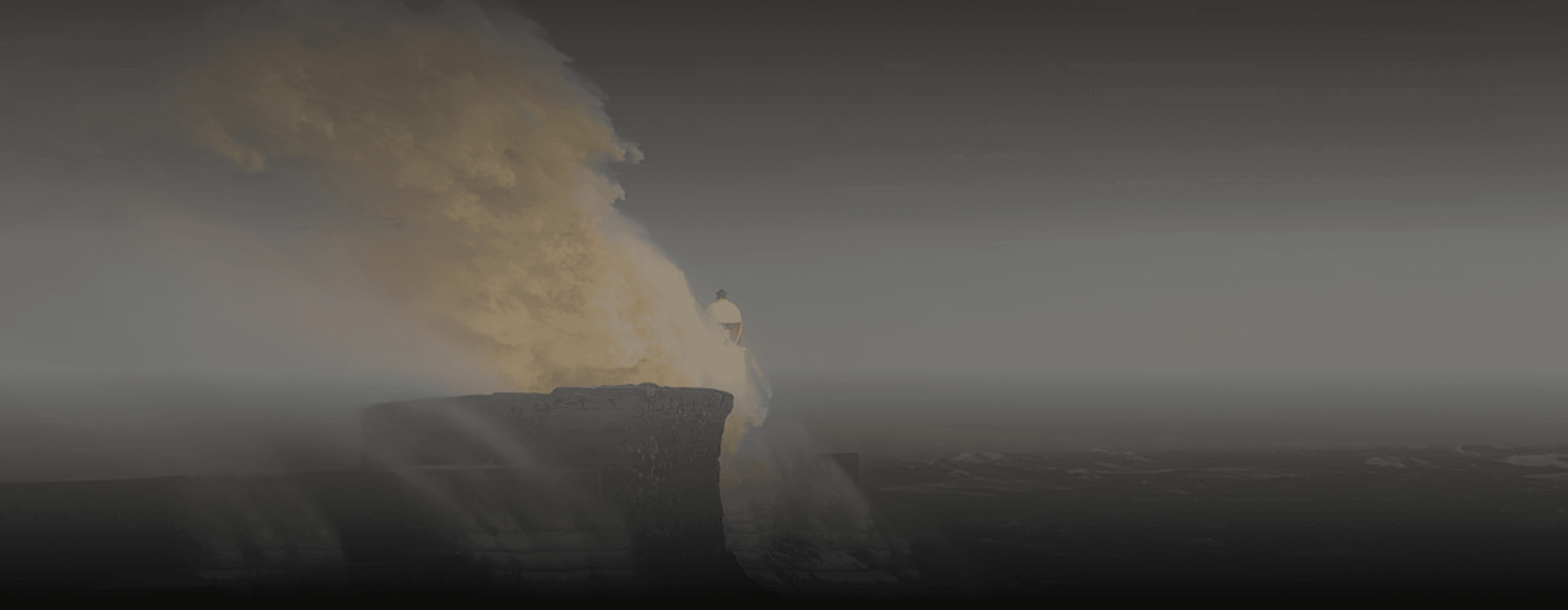 A dramatic, long-exposure photograph of a massive ocean wave crashing against a stone pier at twilight, serving as the atmospheric hero background for the Events & Appearances page of the Blackwood Framer template.
