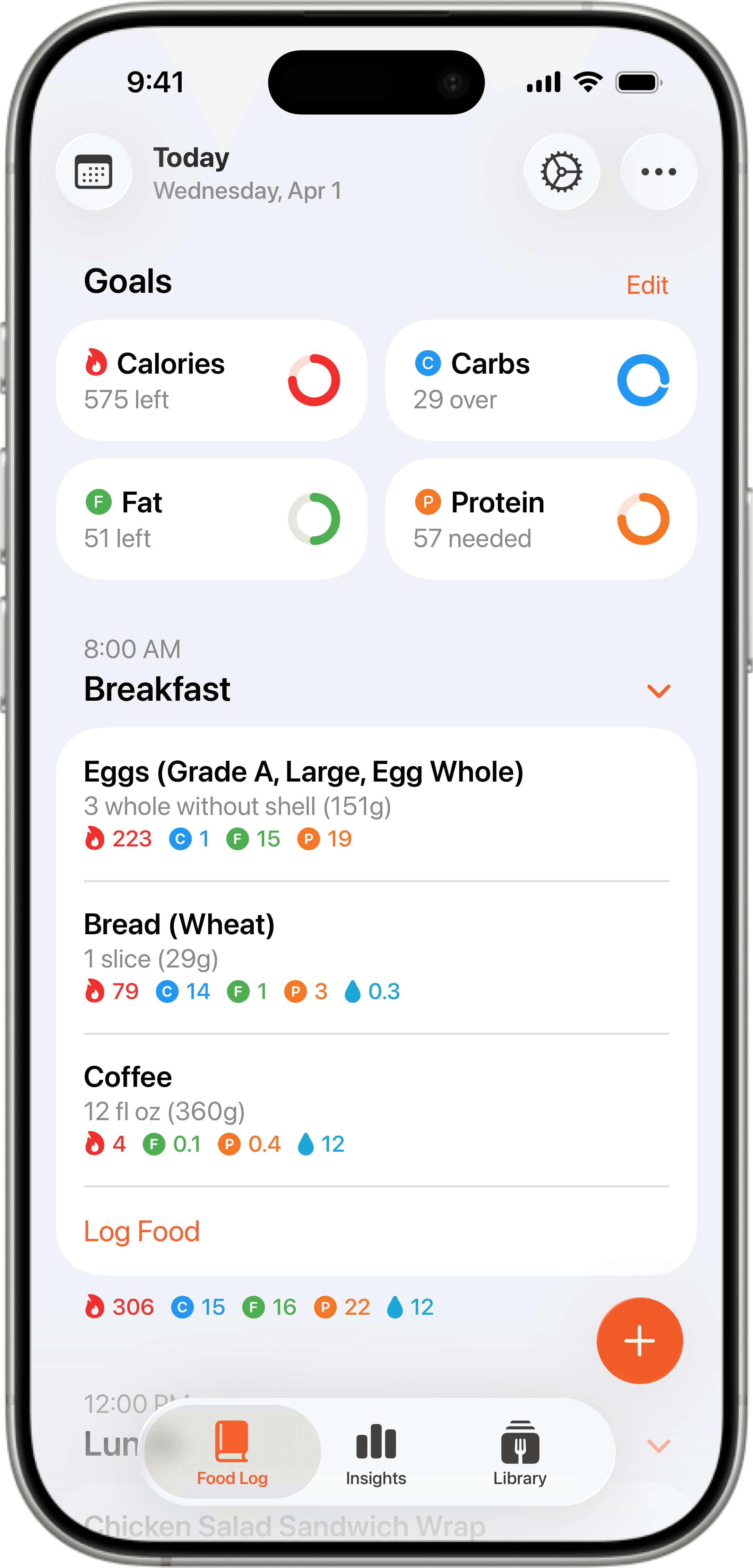 Foodnoms food diary showing daily meal log with calories, carbs, fat, and protein tracking for breakfast and lunch