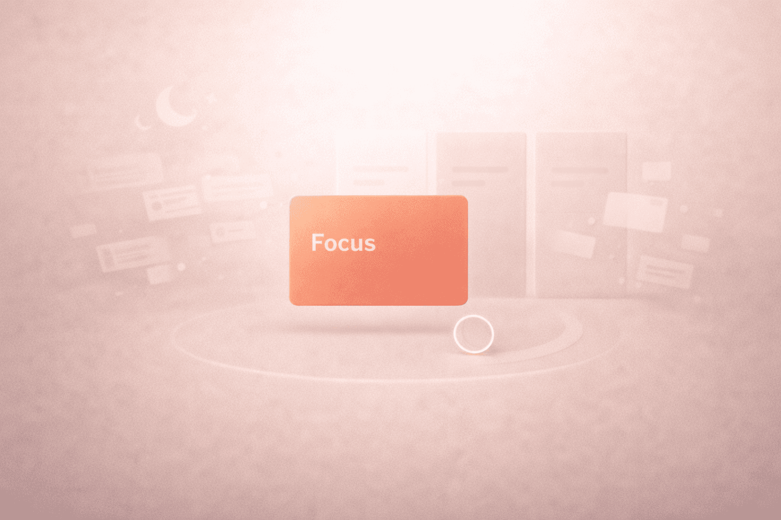 Minimalistische 3D-Illustration auf warmem cremebeigem Hintergrund mit einer zentral schwebenden korallorangenen Fokus-Karte, umgeben von unscharfen Tabs, Notizen und Benachrichtigungen sowie dezenten Strukturspalten und einem kleinen Timer-Ring als Symbol für Zeitbegrenzung und Konzentration.
