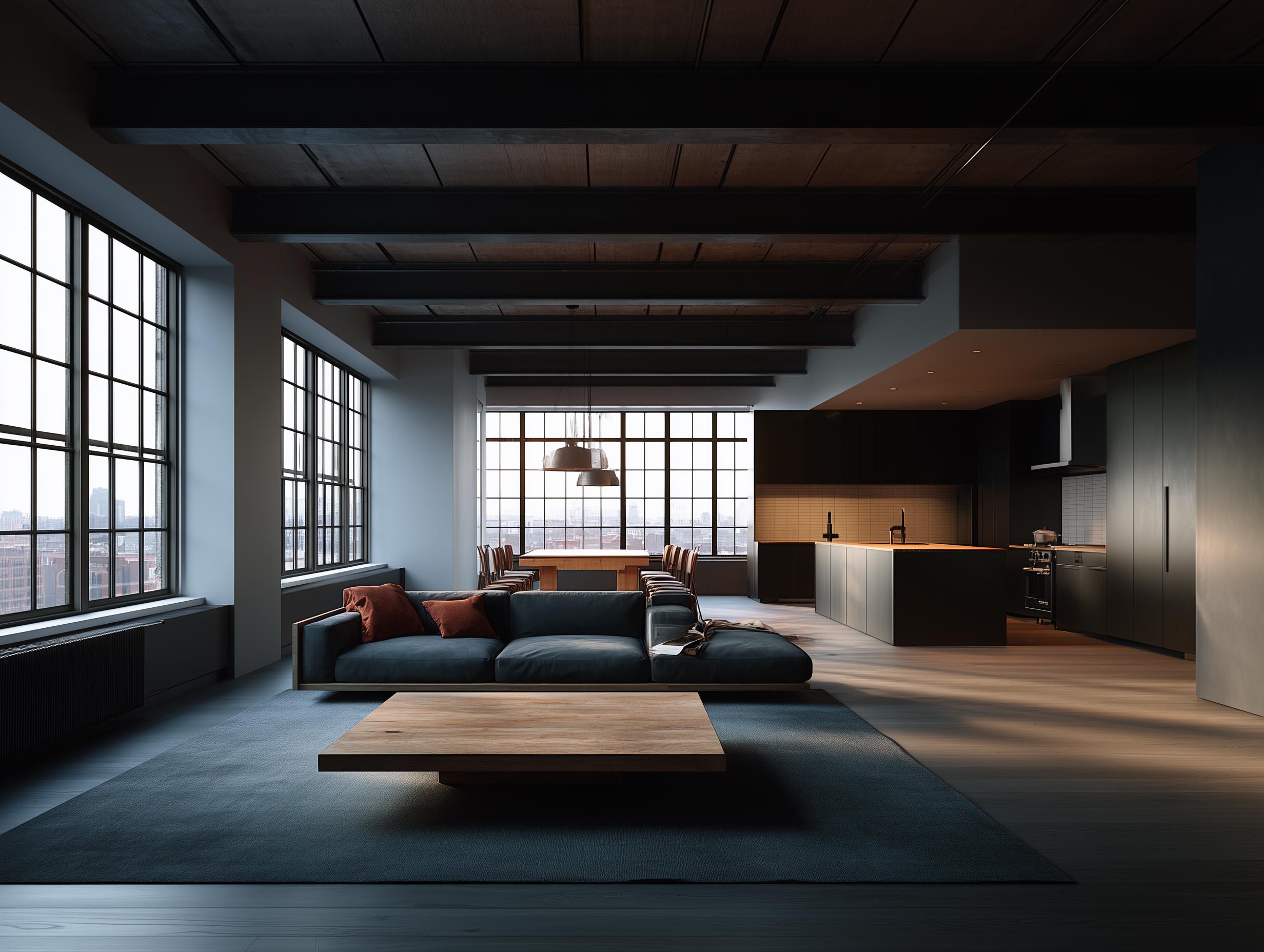 Wide view of open-plan loft with exposed beams, large industrial windows, and low wooden furniture.