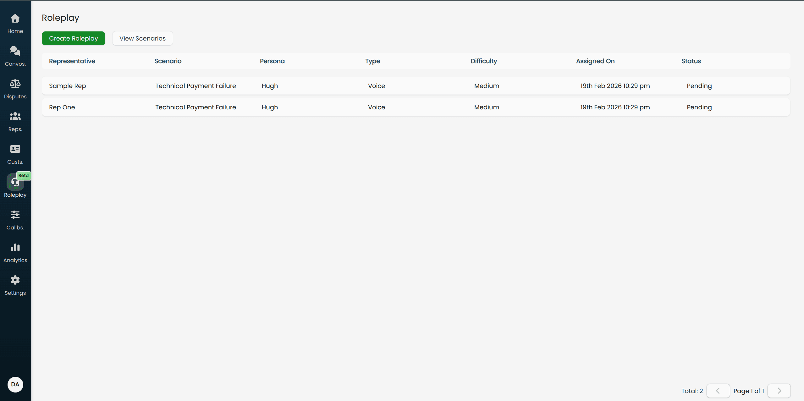  Screenshot of the main Roleplay page showing the table of simulations with columns for Representative, Scenario, Persona, Type, Difficulty, Assigned On, and Status.