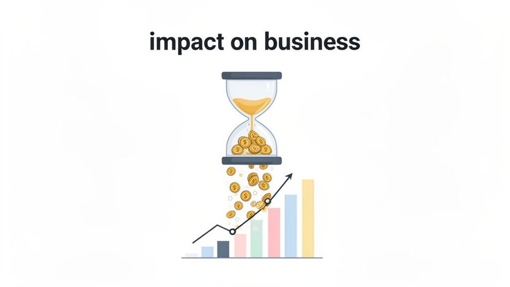 Hourglass dispensing golden coins onto a rising bar graph, symbolizing financial growth and business impact.
