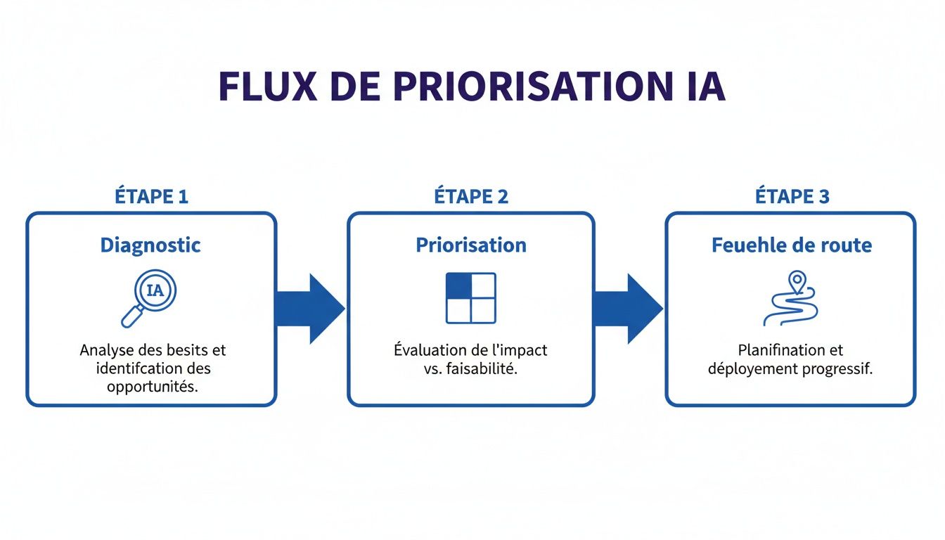 Diagramme de flux expliquant le processus de priorisation de l'IA en trois étapes : diagnostic, priorisation et feuille de route.