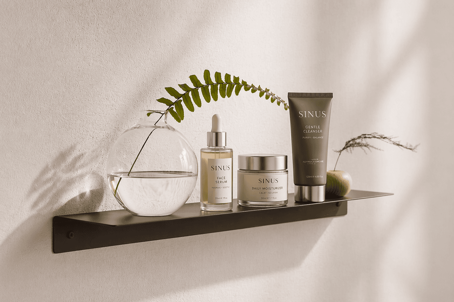 Sinus skincare products on a shelf including cleanser, serum, moisturizer, and other beauty essentials displayed neatly.