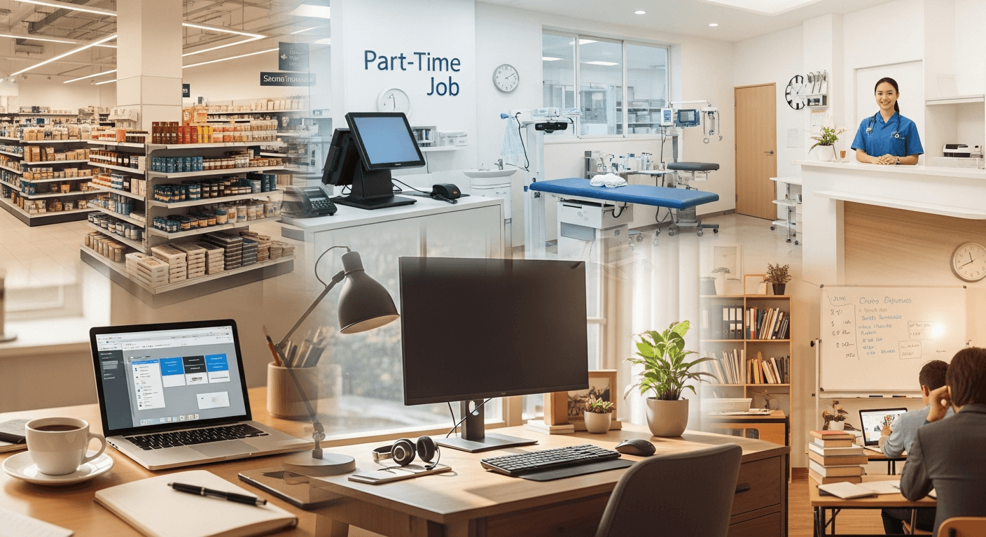 A diverse collage showing various part-time job environments: a retail store interior with shelves and modern point-of-sale system, a healthcare clinic setting with medical equipment, a cozy home office setup with laptop and headset for remote work, and a classroom or tutoring space with educational materials. The scene should feel modern, welcoming, and represent the variety of part-time work opportunities available across different sectors. Use warm, professional lighting and include subtle details like coffee cups, notebooks, and technology to convey flexible work environments.