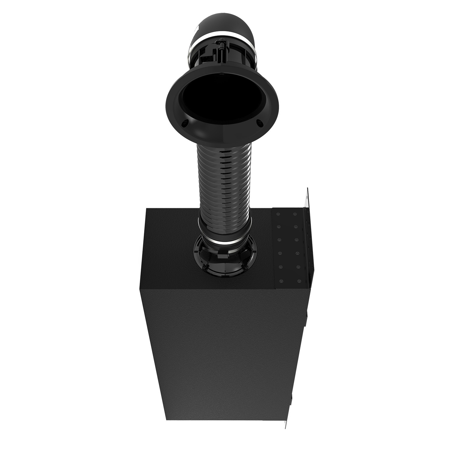 Black metal box with fluted pipe and bell-shaped spout