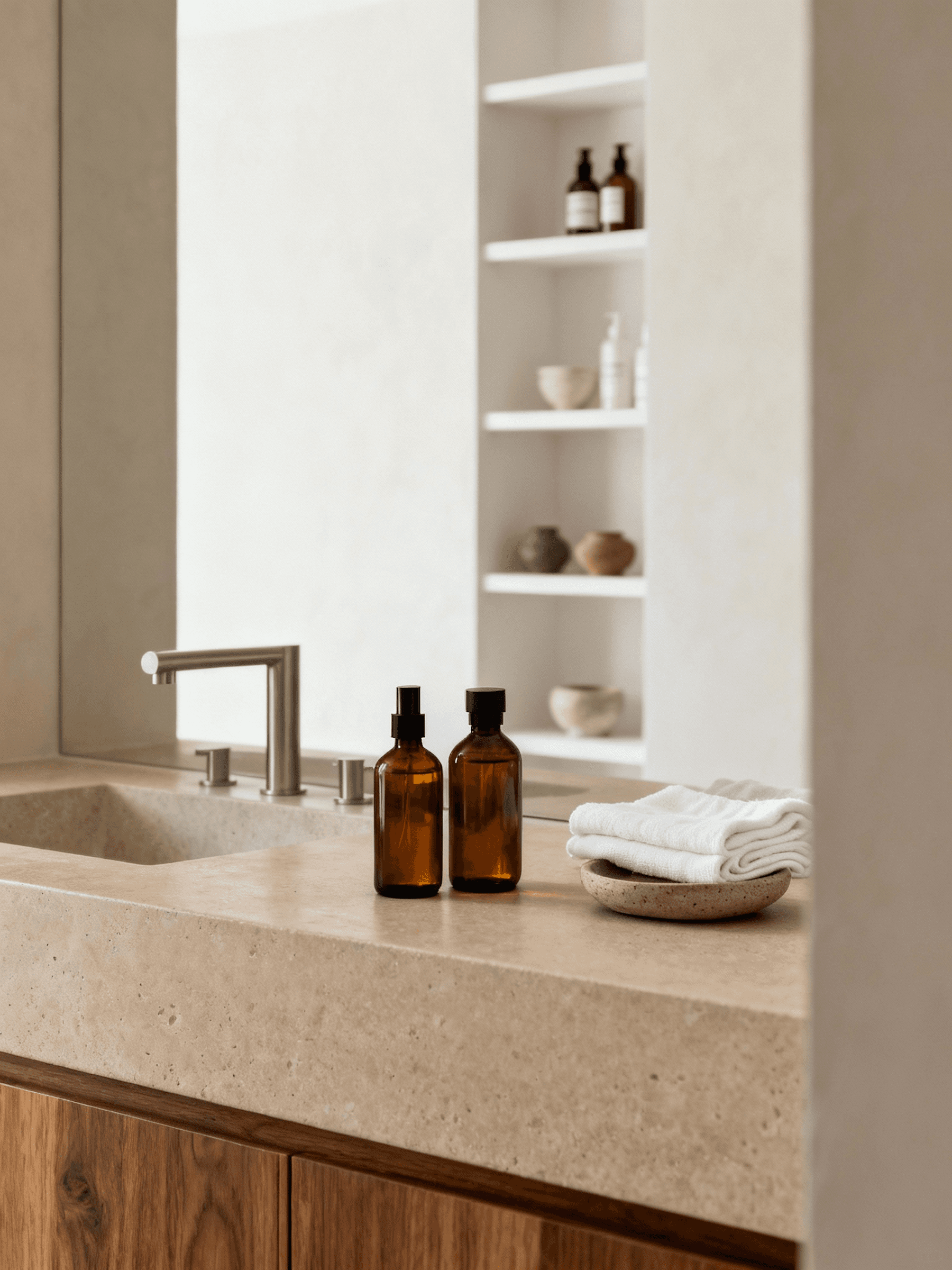 Clean bathroom vanity with terrazzo countertop, brushed nickel fixtures, amber glass bottles, white towels in ceramic bowl, and floating shelves