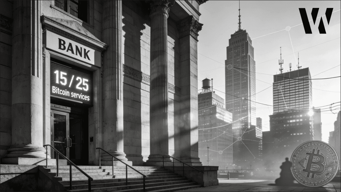 Black-and-white Manhattan financial district scene with classic BANK facade and LED sign “15 / 25” “Bitcoin services”, showing US banks offering Bitcoin products