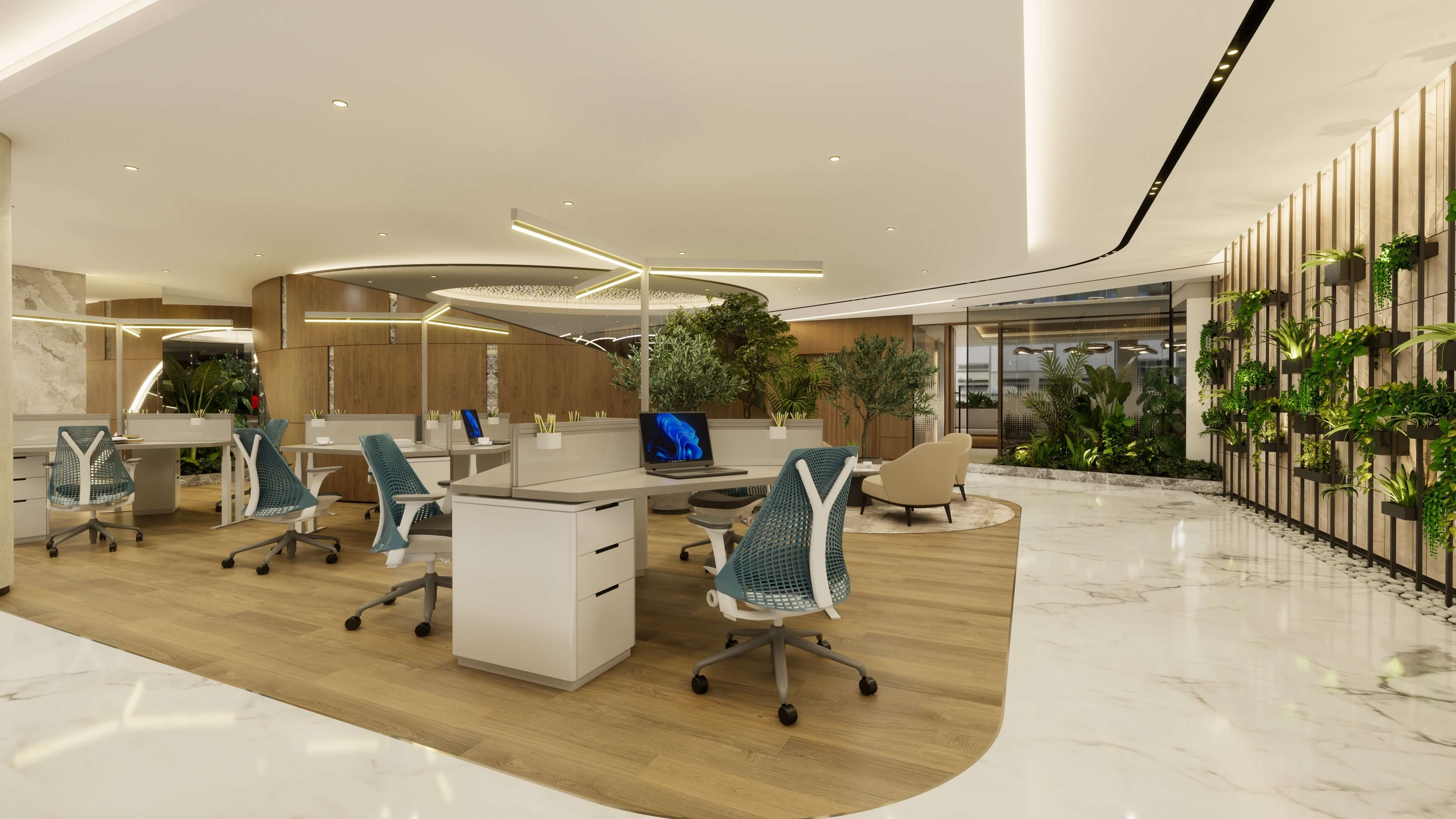 Shared lounge and pantry area with green seating and coffee station in premium serviced offices dubai.