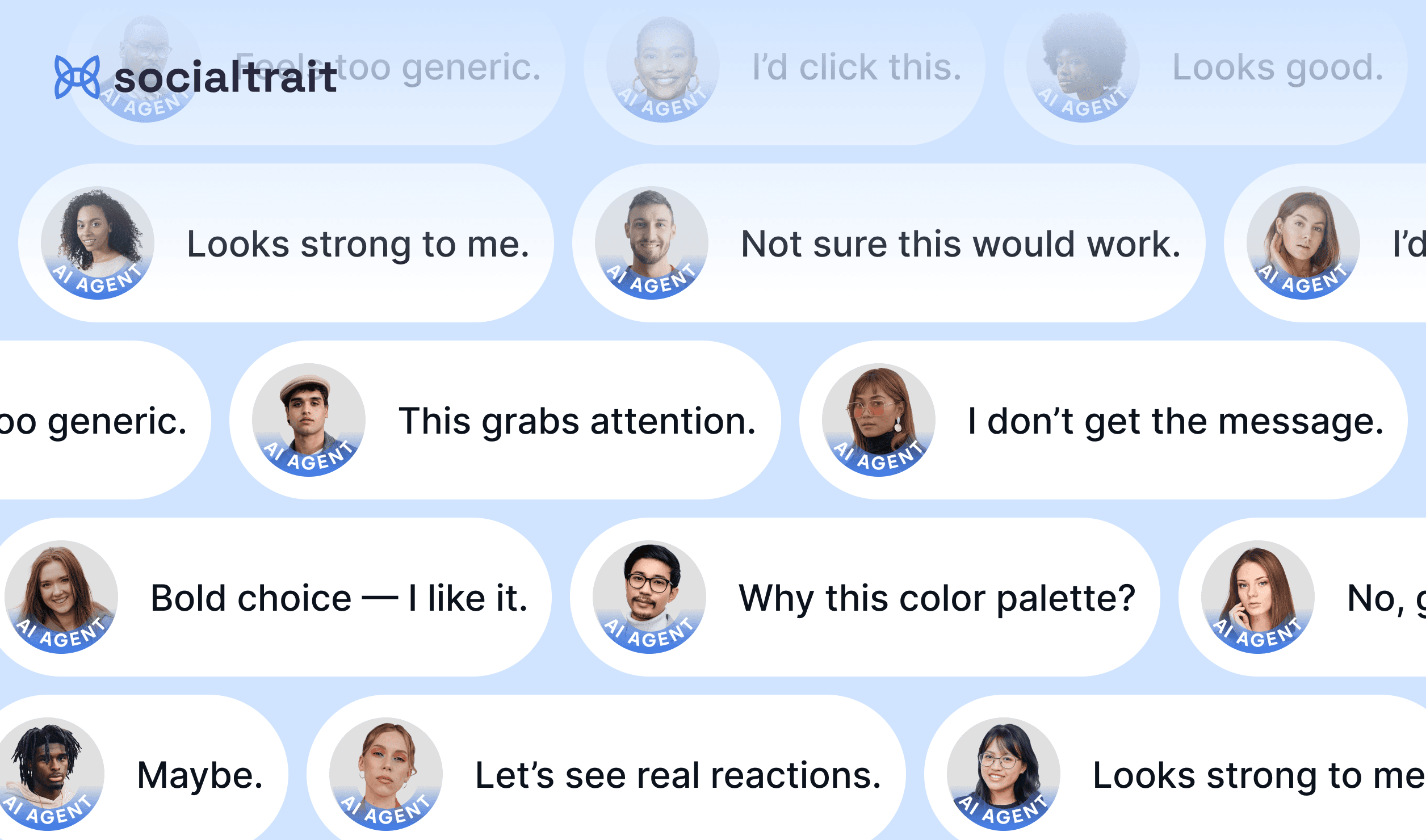 Illustration of diverse synthetic audience personas giving feedback bubbles such as “Looks strong to me,” “This grabs attention,” and “I don’t get the message,” representing how Socialtrait simulates real consumer reactions to creative content.
