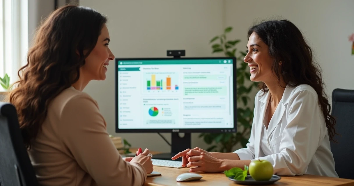 Nutricionista analisando relatório com IA e WhatsApp perto de paciente 