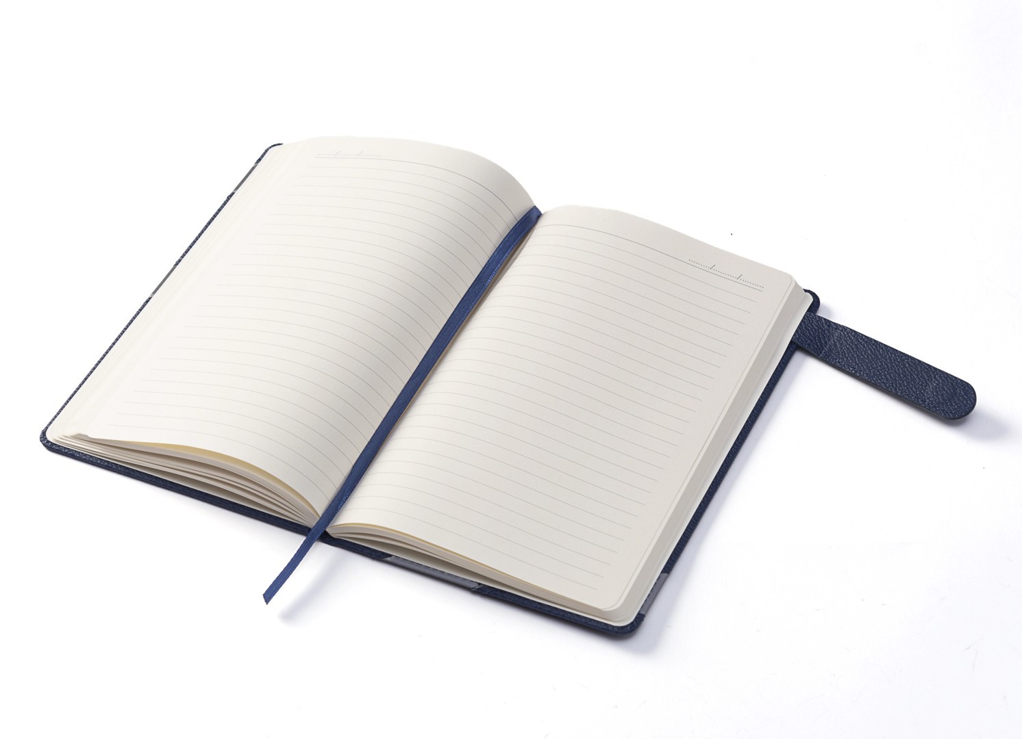 Open notebook displaying lined pages and blue bookmark.