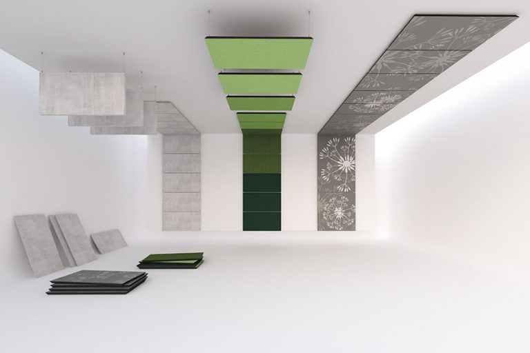 Acoustic panels in various styles on ceiling and walls.