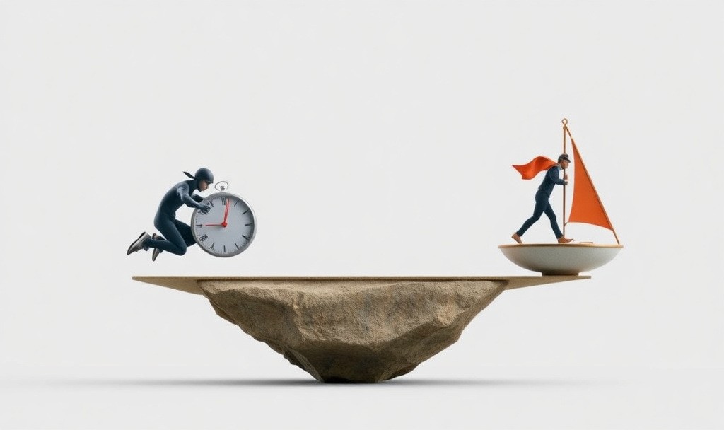 balancing speed and scale tradeoff shown by two engineers on a tilted platform