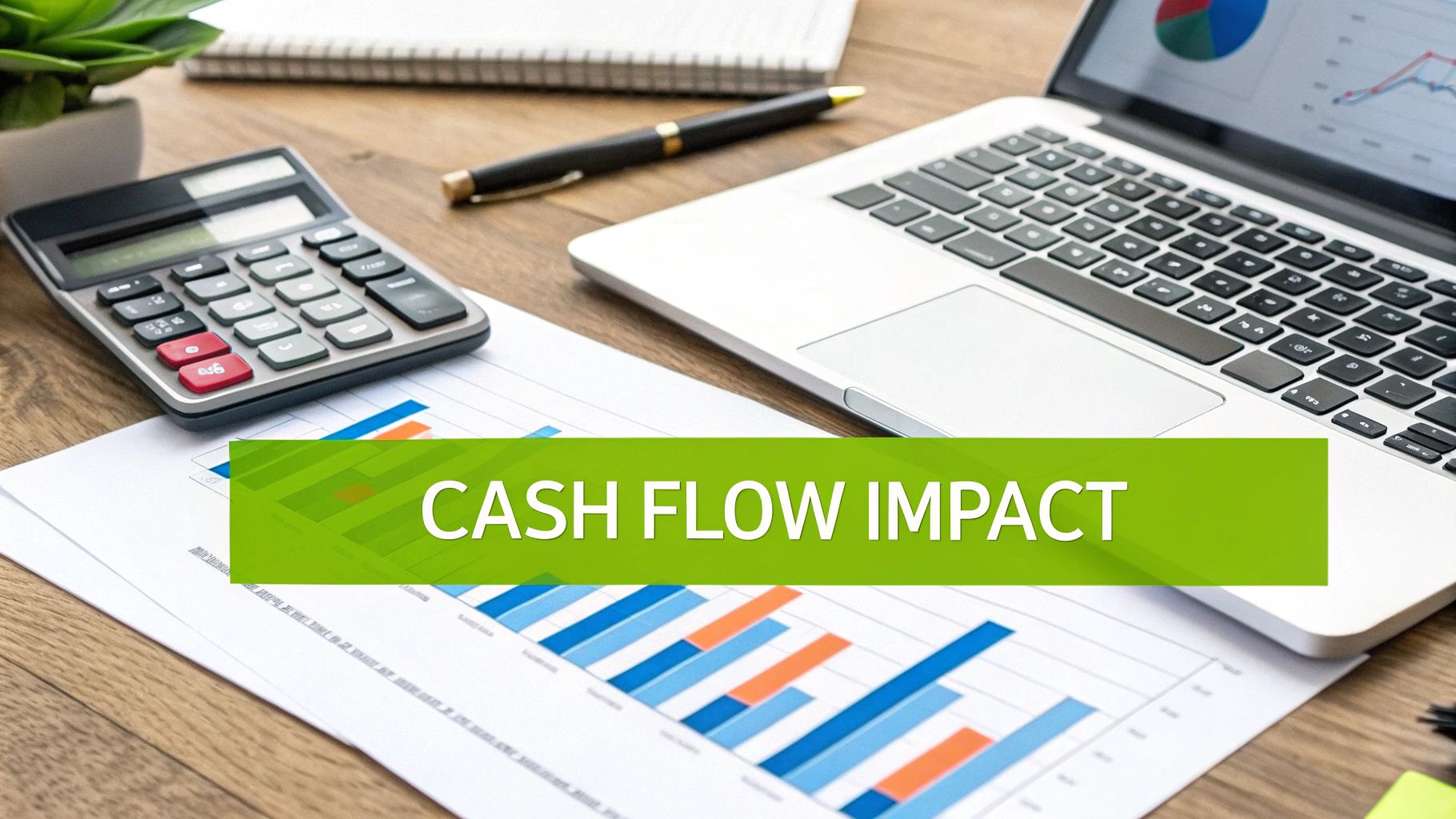 A desk with a laptop, calculator, financial charts, and a 'CASH FLOW IMPACT' banner.