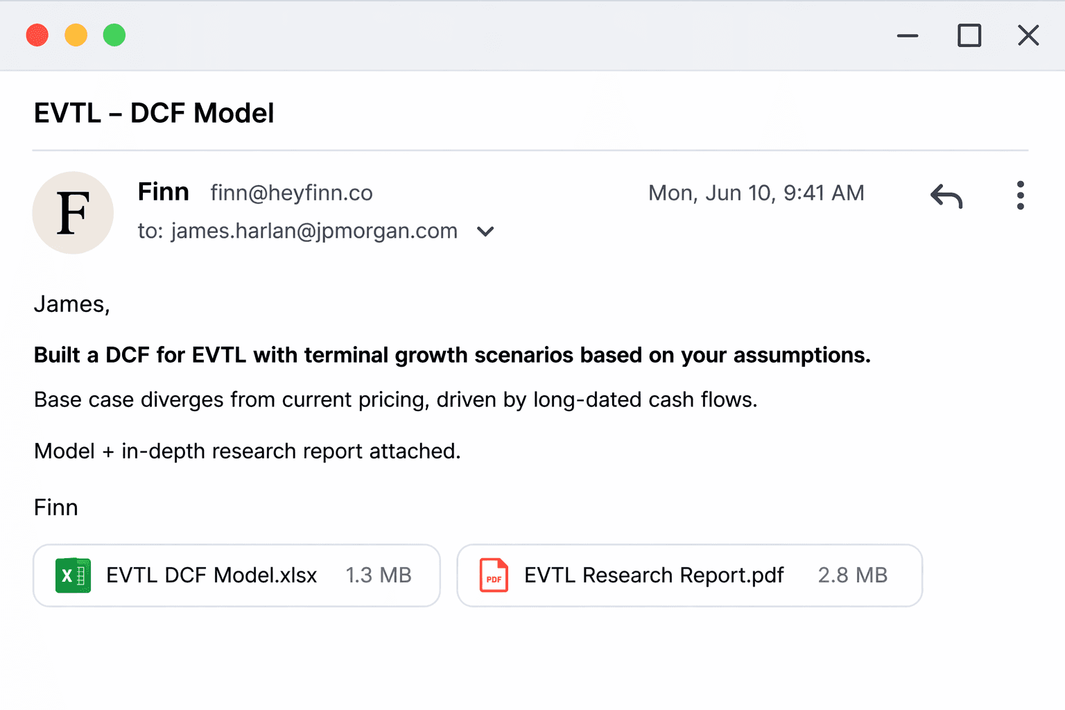 Finn DCF model email with scenario analysis