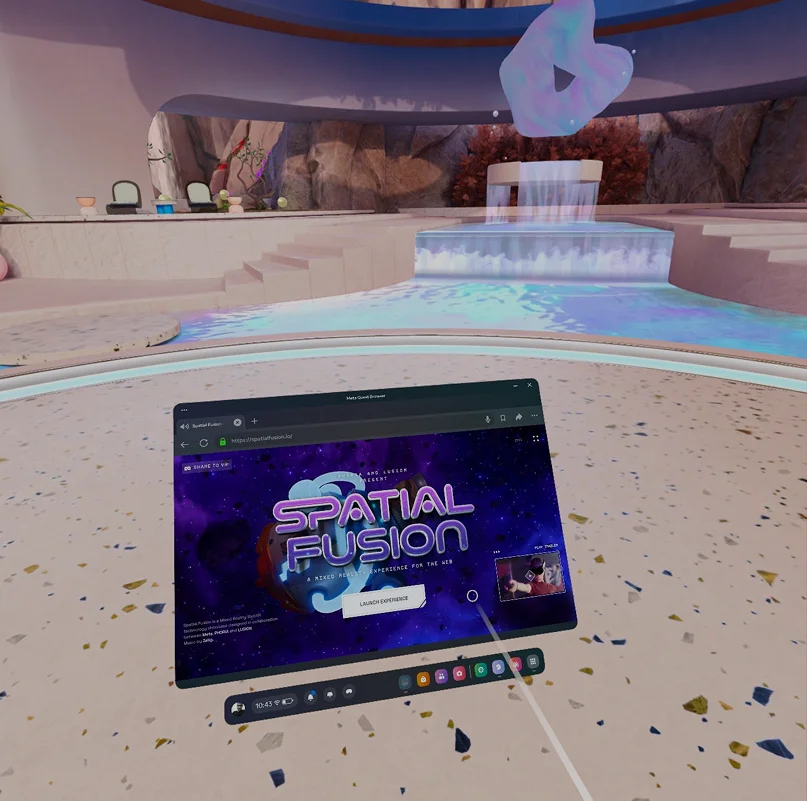 WebXR browser based augmented reality experience showing spatial fusion interface in immersive mixed reality environment