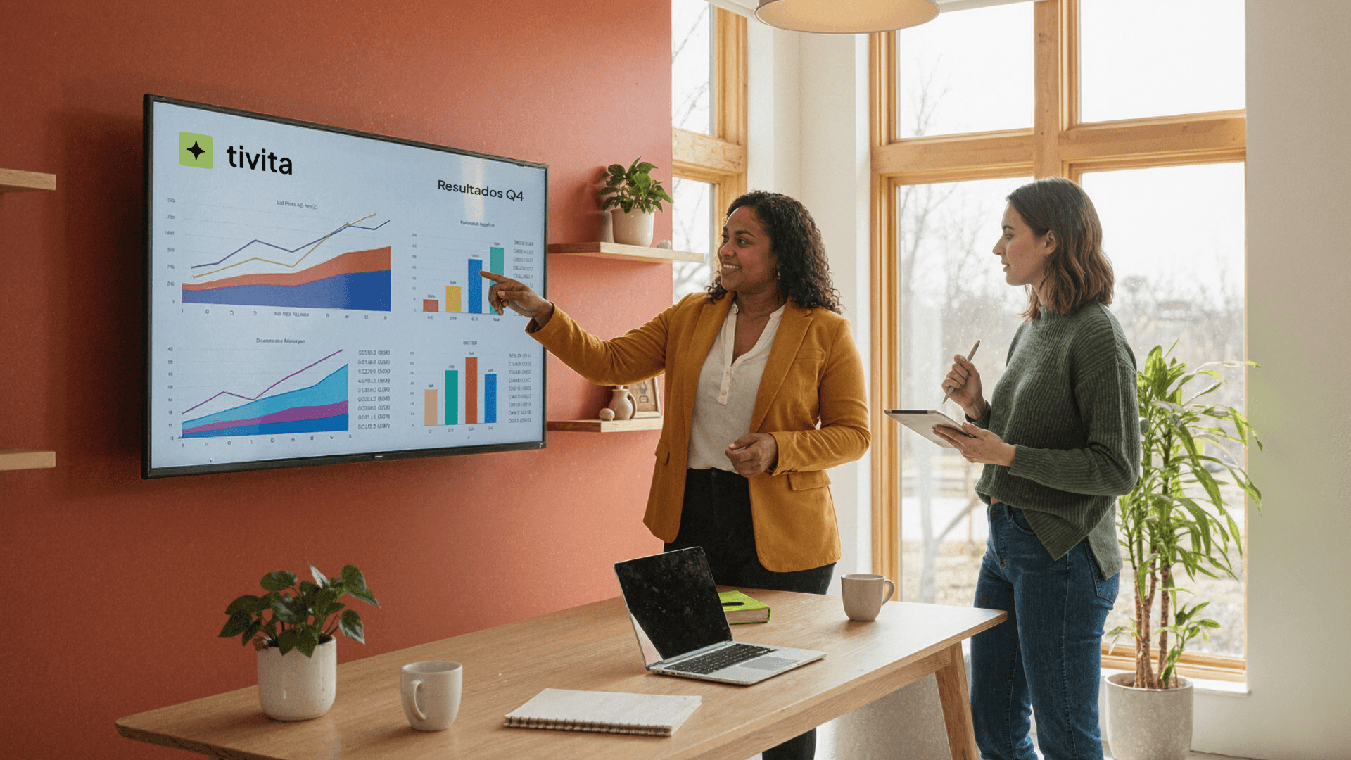 Em uma sala de reunião iluminada, duas profissionais analisam gráficos exibidos em uma tela enquanto conversam sobre resultados. A cena mostra uma mulher apontando para o painel e outra fazendo anotações em um tablet, em um ambiente moderno que remete ao trabalho estratégico que clínicas realizam no dia a dia. A composição transmite colaboração e análise de dados, alinhada ao tipo de rotina que a plataforma Tivita ajuda a organizar e otimizar.
