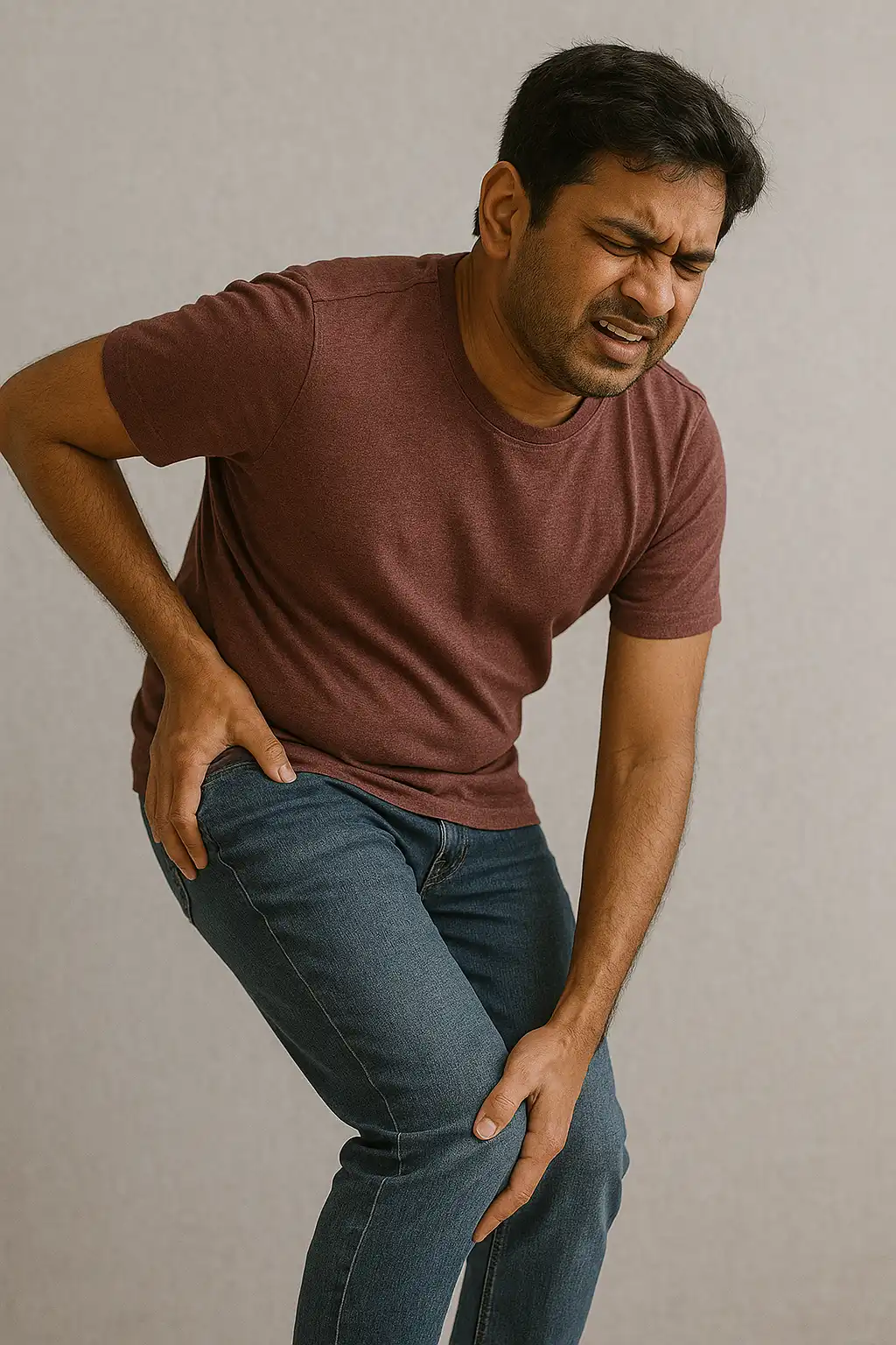 Man experiencing severe hip and leg pain caused by sciatica or nerve compression, holding his thigh with a pained expression.