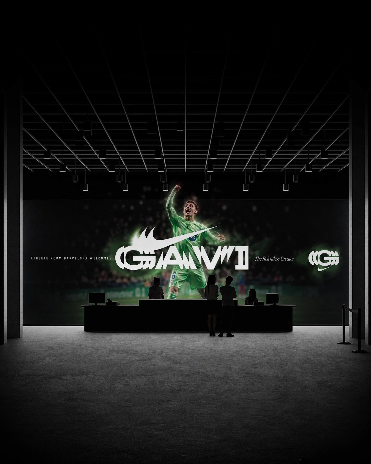 Reception of the Barcelona Nike Athlete Room with the Gavi mural on the wall, campaign design by Sebastian Saavedra