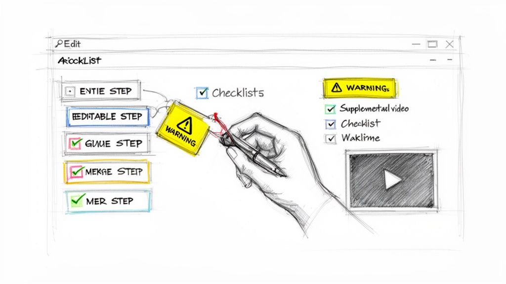 A hand interacts with a 'WARNING' tag on a sketched software interface showing checklist steps and video options.