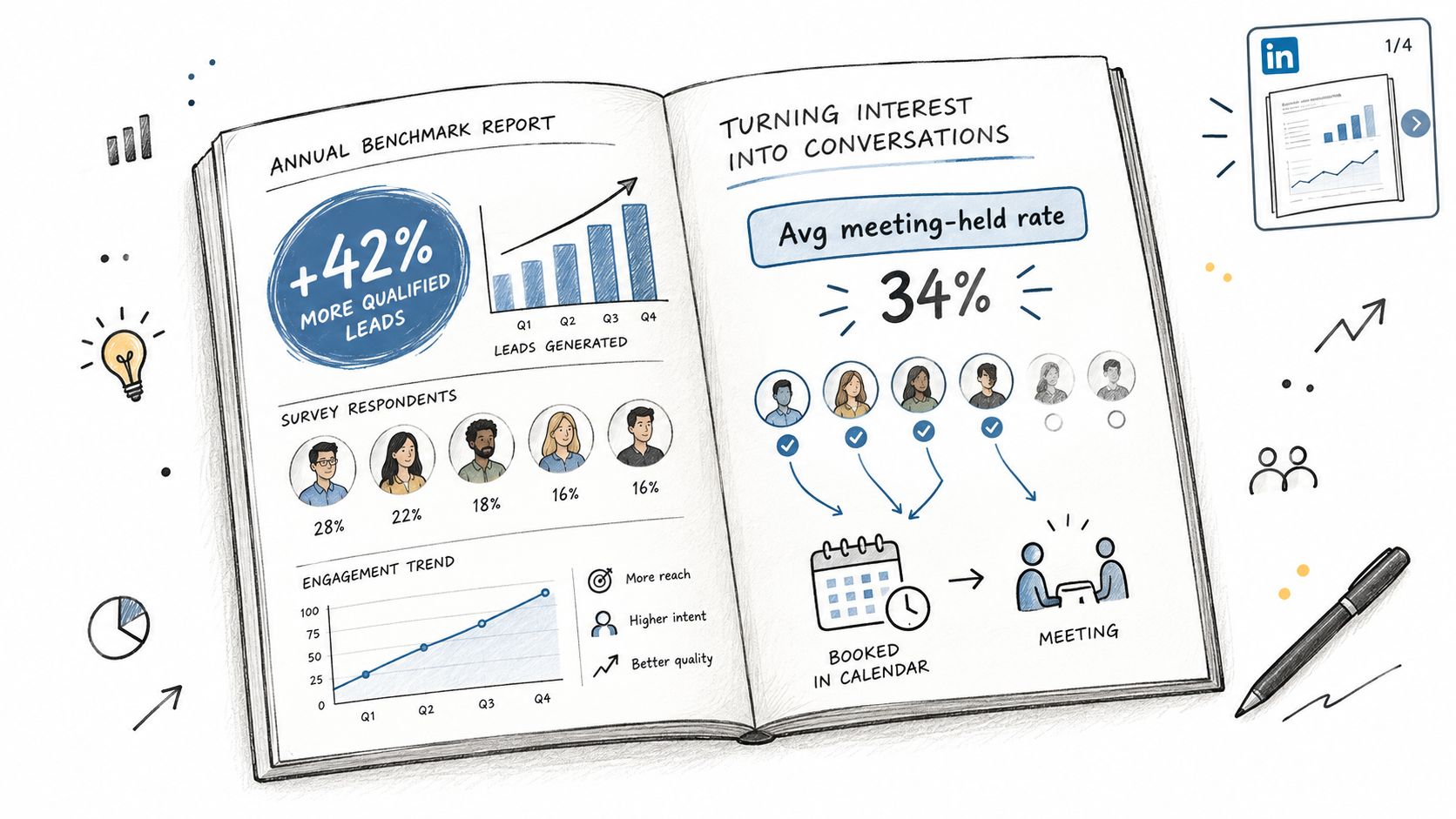 A hand-drawn report in an open book showing data analytics, lead generation trends, and meeting conversion rates.